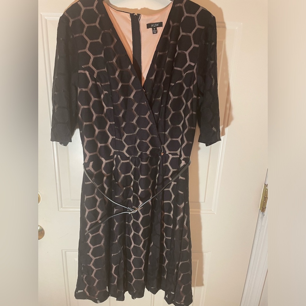 AUW Dress Black Lace Over Nude Lining Size 16, Belted-Very Flattering! EUC